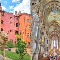 A courtyard in the Old Lyon with a lion statue, and and inside the Fourvière Basilica.