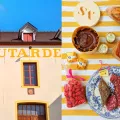 The front of the Moutardes Fallot building, and a table with mustard, bread, cheese, pralines and a chocolat cake.